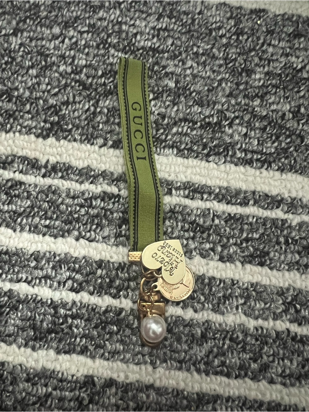 Gucci Olive Ribbon Key Charm with Gold Coins and Pearl Drop
